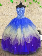 Fancy Sleeveless Tulle Floor Length Zipper Quinceanera Dress in Multi-color for with Beading and Sequins