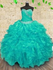 Ideal Turquoise Ball Gown Prom Dress Military Ball and Sweet 16 and Quinceanera and For with Beading Sweetheart Sleeveless Lace Up