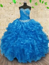 New Arrival Baby Blue Organza Lace Up Sweetheart Sleeveless Floor Length Ball Gown Prom Dress Beading and Ruching