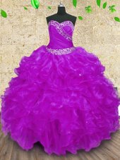 Halter Top Sleeveless Organza Floor Length Lace Up Sweet 16 Dress in Purple for with Beading and Ruffles and Ruching