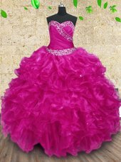Traditional Fuchsia Ball Gowns Organza Sweetheart Sleeveless Beading and Ruffles and Ruching Floor Length Lace Up Quinceanera Gown
