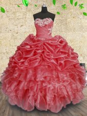 Attractive Sleeveless Floor Length Beading and Appliques and Ruffles and Ruching Lace Up Sweet 16 Quinceanera Dress with Coral Red