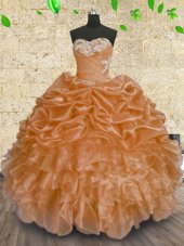 Modest Orange Ball Gowns Organza Sweetheart Sleeveless Beading and Appliques and Ruffles and Sequins Floor Length Lace Up Quinceanera Gown