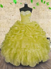 Fancy Green Ball Gowns Organza Sweetheart Sleeveless Beading and Appliques and Ruffles and Ruching Floor Length Lace Up Quinceanera Gown