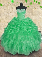 Custom Made Apple Green Lace Up Sweetheart Beading and Appliques and Ruffles and Ruching 15th Birthday Dress Organza Sleeveless