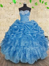 Modest Baby Blue Sleeveless Organza Lace Up Quinceanera Dresses for Military Ball and Sweet 16 and Quinceanera