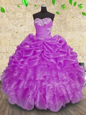 Stunning Sleeveless Organza Floor Length Lace Up Sweet 16 Quinceanera Dress in Purple for with Beading and Appliques and Ruffles and Ruching