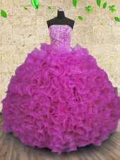 Classical Organza Strapless Sleeveless Lace Up Beading and Ruffles Sweet 16 Dresses in Fuchsia
