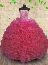 Shining Strapless Sleeveless Sweet 16 Quinceanera Dress Floor Length Beading and Ruffles Hot Pink Organza