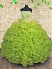 Simple Yellow Green Organza Lace Up Strapless Sleeveless Floor Length Quinceanera Gowns Beading and Ruffles