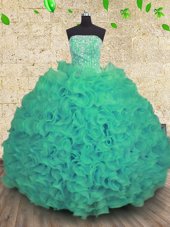 Affordable Turquoise Ball Gowns Beading and Ruffles Quince Ball Gowns Lace Up Organza Sleeveless Floor Length