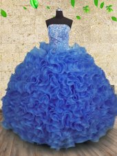 High End Organza Strapless Sleeveless Lace Up Beading and Ruffles Sweet 16 Quinceanera Dress in Royal Blue