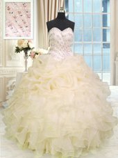 Dazzling Beading and Ruffles Vestidos de Quinceanera Champagne Lace Up Sleeveless Floor Length