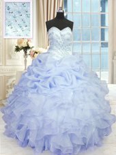 High Class Lavender Organza Lace Up Sweetheart Sleeveless Floor Length Sweet 16 Dress Beading and Ruffles