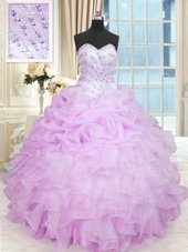 Flirting Lilac Ball Gowns Beading and Ruffles Ball Gown Prom Dress Lace Up Organza Sleeveless Floor Length