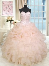 Enchanting Peach Sweetheart Lace Up Beading and Ruffles Quinceanera Gown Sleeveless