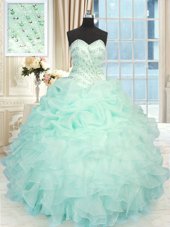 Sexy Apple Green Ball Gowns Organza Sweetheart Sleeveless Beading and Ruffles Floor Length Lace Up Quinceanera Dresses