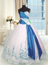 Suitable Blue And White Sleeveless Organza Lace Up 15th Birthday Dress for Military Ball and Sweet 16 and Quinceanera