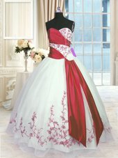 Vintage White And Red Organza Lace Up 15th Birthday Dress Sleeveless Floor Length Embroidery and Sashes|ribbons