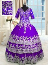 Ideal Purple Ball Gowns Beading and Appliques and Ruffled Layers Ball Gown Prom Dress Zipper Tulle Half Sleeves Floor Length