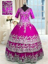 Suitable Fuchsia Zipper V-neck Beading and Appliques and Ruffled Layers 15th Birthday Dress Tulle Half Sleeves