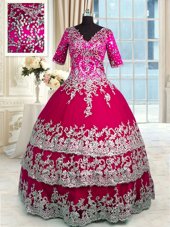 Custom Fit Red and Hot Pink Zipper V-neck Beading and Appliques and Ruffled Layers Sweet 16 Dress Satin and Tulle Half Sleeves