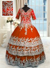 Colorful Orange Red Zipper V-neck Beading and Appliques and Ruffles Sweet 16 Dress Tulle Half Sleeves