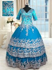 High End V-neck Half Sleeves Quinceanera Gown Floor Length Beading and Lace and Appliques and Ruffled Layers Teal Tulle