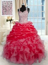 Admirable Ball Gowns 15th Birthday Dress Red Straps Organza Sleeveless Floor Length Zipper