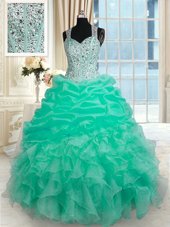 Turquoise Ball Gowns Beading and Ruffles Quinceanera Dresses Zipper Organza Sleeveless Floor Length