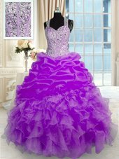 High Class Straps Sleeveless Quince Ball Gowns Floor Length Beading and Ruffles Lilac Organza