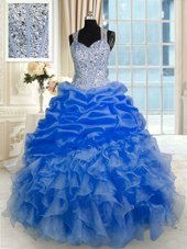 Captivating Floor Length Zipper 15th Birthday Dress Royal Blue and In for Military Ball and Sweet 16 and Quinceanera with Beading and Ruffles and Pick Ups