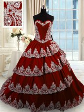 Sleeveless With Train Beading and Appliques and Ruffled Layers Lace Up Vestidos de Quinceanera with Wine Red Court Train
