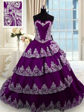 Delicate Ruffled Court Train Ball Gowns 15th Birthday Dress Purple Sweetheart Taffeta Sleeveless With Train Lace Up