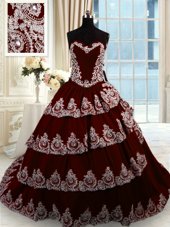 Luxury Beading and Appliques and Ruffled Layers Sweet 16 Dresses Wine Red Lace Up Sleeveless With Train Court Train