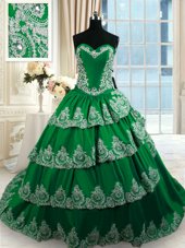 Colorful Dark Green Sleeveless Court Train Beading and Appliques and Ruffled Layers With Train 15th Birthday Dress