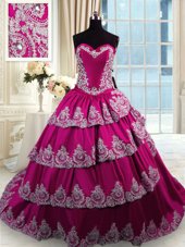 Fancy Fuchsia Ball Gowns Sweetheart Sleeveless Taffeta With Train Court Train Lace Up Beading and Appliques and Embroidery and Ruffled Layers Sweet 16 Dresses