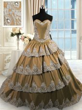 Inexpensive Brown 15th Birthday Dress Military Ball and Sweet 16 and Quinceanera and For with Beading and Appliques and Ruffled Layers Sweetheart Sleeveless Court Train Lace Up