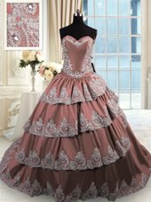 Discount Brown Taffeta Lace Up Quince Ball Gowns Sleeveless With Train Court Train Beading and Appliques and Ruffled Layers
