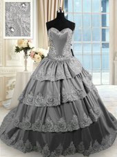 Wonderful Ruffled With Train Ball Gowns Sleeveless Grey Vestidos de Quinceanera Court Train Lace Up