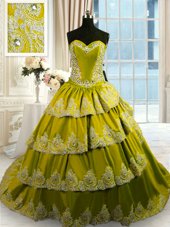 Most Popular Olive Green Sweetheart Neckline Beading and Appliques and Ruffled Layers 15th Birthday Dress Sleeveless Lace Up