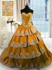 Affordable Ruffled With Train Gold 15 Quinceanera Dress Sweetheart Sleeveless Court Train Lace Up