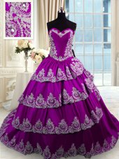Customized Eggplant Purple Taffeta Lace Up Quinceanera Dresses Sleeveless With Train Beading and Appliques and Ruffled Layers