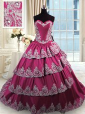Hot Sale Fuchsia Sleeveless Court Train Beading and Appliques and Ruffled Layers With Train 15 Quinceanera Dress