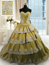 Olive Green Satin Lace Up Quinceanera Gowns Sleeveless With Train Beading and Appliques and Ruffled Layers