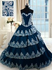 New Style Navy Blue Taffeta Lace Up Quinceanera Gown Sleeveless With Train Court Train Beading and Appliques and Ruffled Layers
