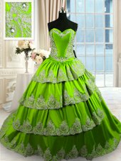 Pretty With Train Lace Up Quince Ball Gowns Green and In for Military Ball and Sweet 16 and Quinceanera with Beading and Appliques and Ruffled Layers Court Train
