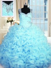 Stylish Aqua Blue Organza Zipper 15th Birthday Dress Sleeveless Floor Length Beading and Ruffles