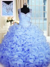 Affordable Baby Blue Ball Gowns Sweetheart Sleeveless Organza Floor Length Zipper Beading and Ruffles Quinceanera Gowns