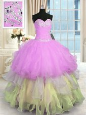 Unique Floor Length Multi-color Quinceanera Dresses Organza Sleeveless Appliques and Ruffled Layers
